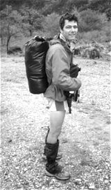 Ben models his improvised rucksack