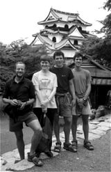 Tom, Lynne, Ben and Paul against Hikone castle
